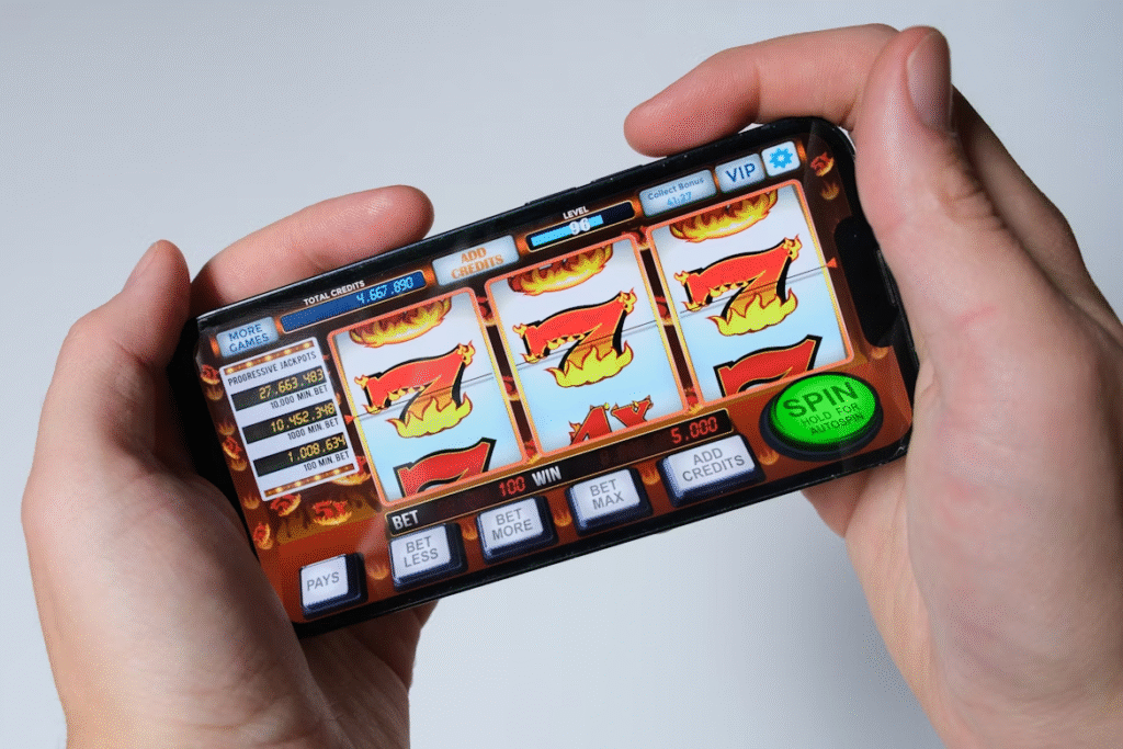 Mobile casino slot game shown on smartphone in hands